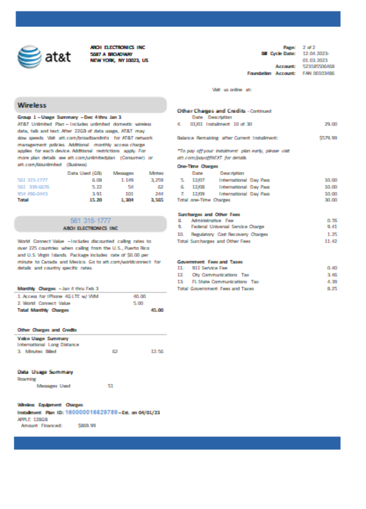Download Texas AT&T telecommunications utility business bill,  page 2, SCR Photoshop template